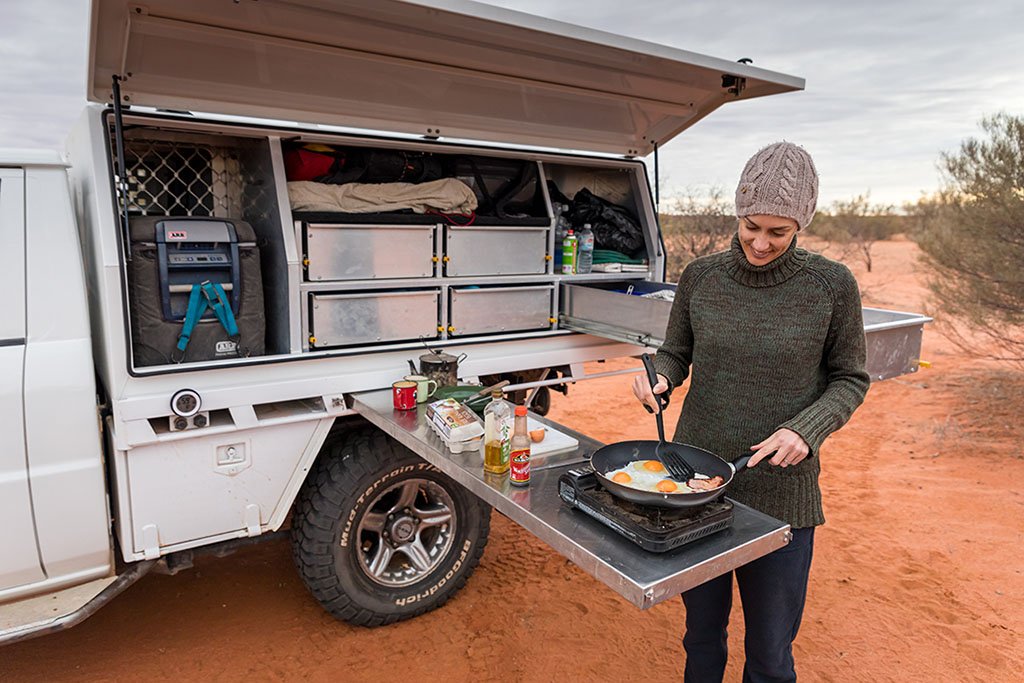 Marianne cooking at our bush camp in Sturt National Park