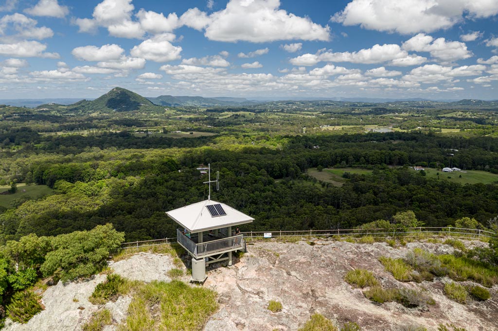 Aerial view of the summit and views from the top of Mt Tinbeerwah - Sunshine Coast Hinterland Towns