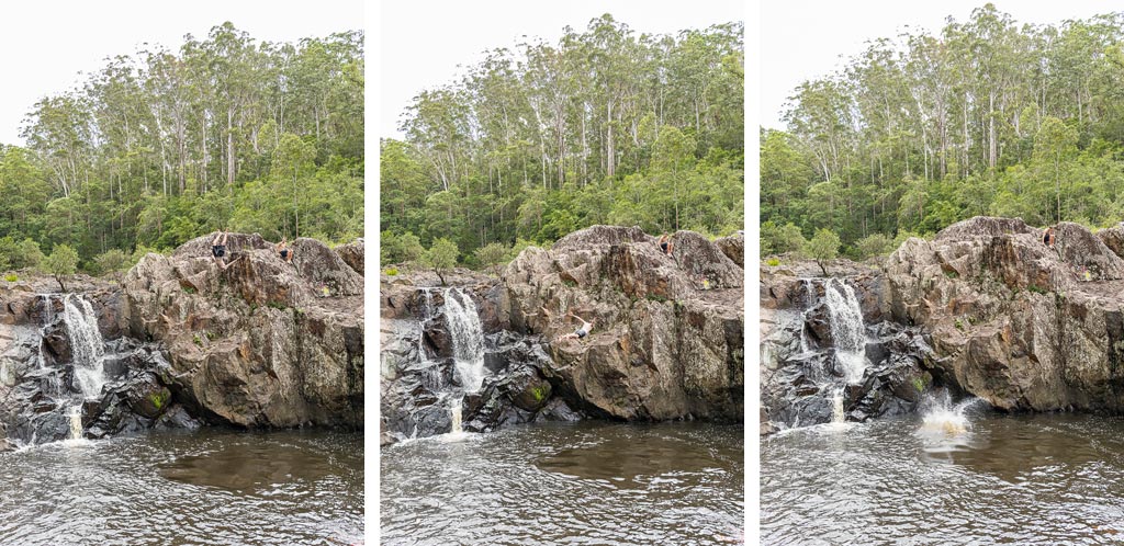 Teenage boy jumping off a rock at Wappa Falls