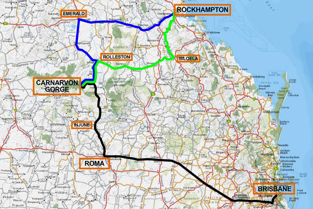Map showing the main driving routes to Carnarvon Gorge