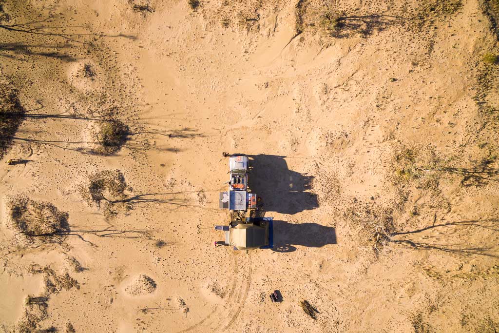 Aerial view of 4wd and camper trailer - 4WD Tracks South Australia Strzelecki Track